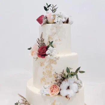 Three-Tiered Botanical Floral Wedding Cake