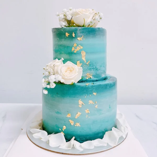 Two Tier Teal Elegant Gold Cake | Best Customisation Cake Shop