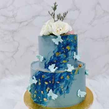 Navy Blue Floral Butterflies Two Tier Cake | Online Cake Delivery