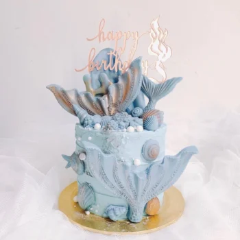 Baby Blue Mermaid Gold Cake | Online Cake Delivery