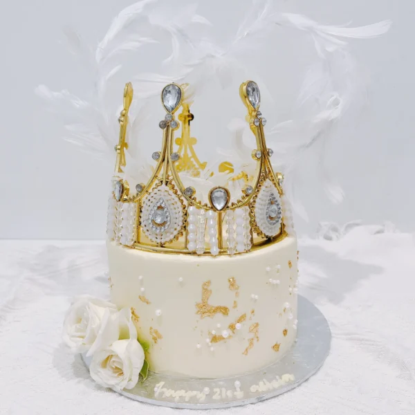 Minimalist Golden Crown x Heart Shape Feather Cake | Best Cake Shop