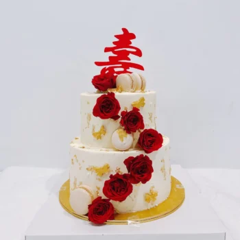 Red Roses x Gold Longevity Two Tier Cake
