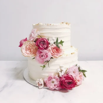 Gold Rim White Stroke Floral Wedding Cake