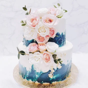 Bold Navy Floral Two Tier Wedding Cake