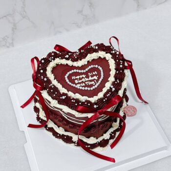 Burgundy Red Pearl Coquette Ribbon Cake (Heart Shape)